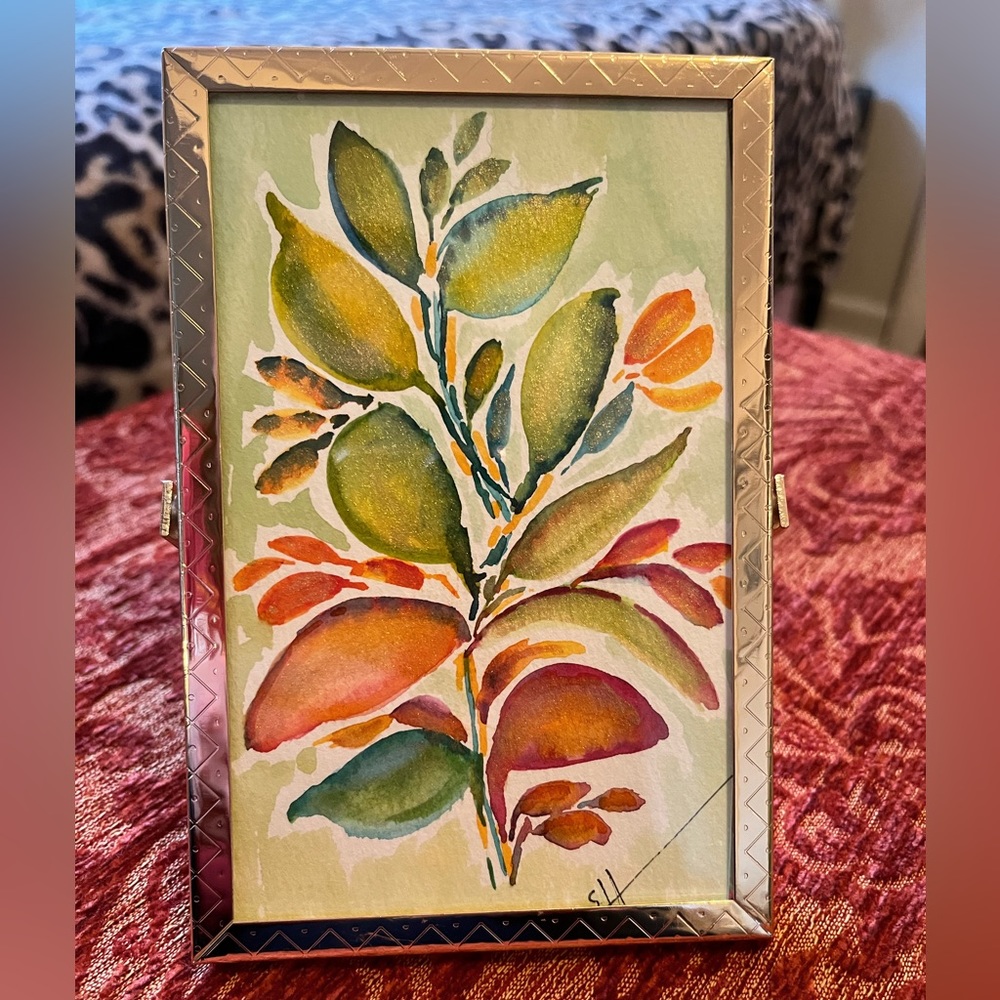 Gilded Leaves Original Art - Framed Watercolor with Metallic Accents